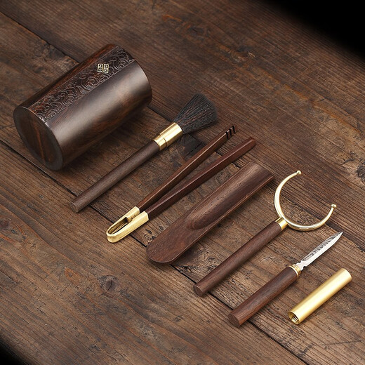 Jiutang ebony brass tea ceremony six gentlemen high-end tea accessories collection tea table tea making tools set tea clip knife spoon ebony round shape - Xiangyun bucket + HY copper and wood accessories