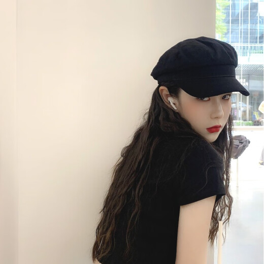 Hat Women's Octagonal Hat Summer Thin Black Beret Women's British Retro Fashion Temperament Korean Style Trendy Ins Big Head Showing Face Small Versatile Japanese Trendy Children's Hat Painter Hat Black Adjustable