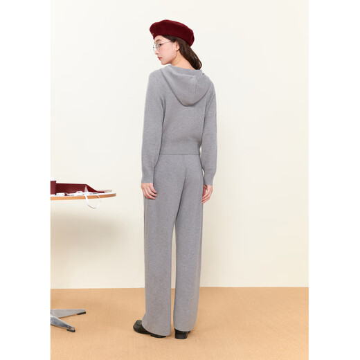 Zihan (ZIHAN) Zihan gray simple hooded zipper knitted cardigan straight wide-leg pants two-piece suit for women 2024 winter new style gray XL