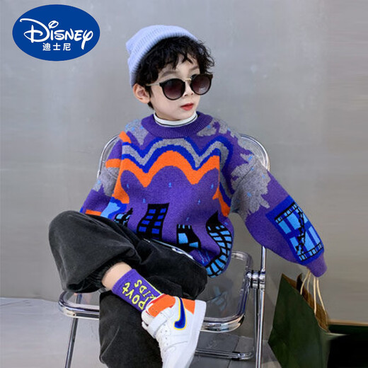 迪士尼（Disney）儿童毛衣套头秋冬男童2024新款中大童韩版潮洋气针织衫男宝宝上衣 紫色 加绒加厚 120码建议身高110-120cm5-6岁