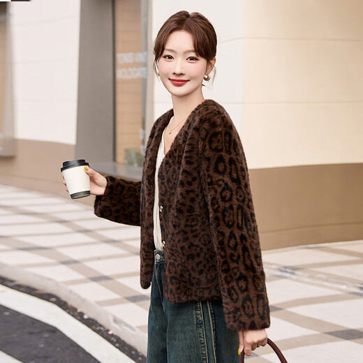 MARKYINXIANG豹纹水貂绒皮毛一体外套女2025冬新款小个子加厚环保皮草短款上衣 豹纹 LNS9717 L