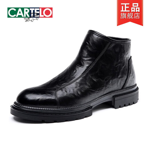 CARTELO Martin boots men's genuine leather 2025 new business casual high-top leather shoes British Chelsea boots zipper plus fleece boots black plus fleece 38