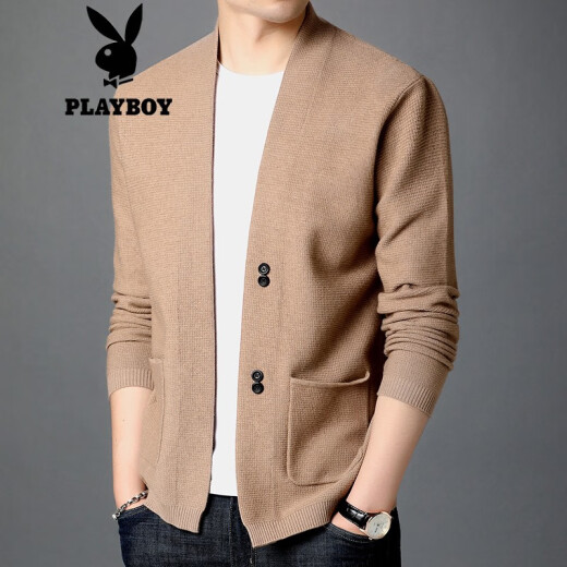 Playboy Knitwear Men's Cardigan Sweater Men's Spring and Autumn Thin Business Casual Jacket Camel XL