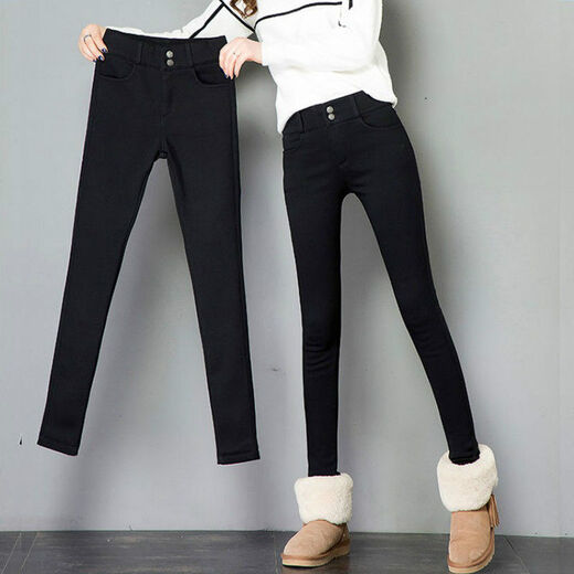 Isadore high-waisted leggings for outer wear for women, autumn and winter black pants, leggings, slim pencil pants, small leg pants, women's fleece pants, two buttons (thick fleece) L (recommended 100-110 Jin Jin equals 0.5 kg)