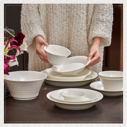 Magalonte ceramics pure white relief bone china tableware complete set of dishes and dishes set everything goes well for 4 people 19 pieces