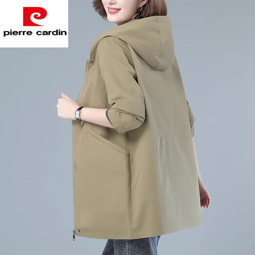 Pierre Cardin middle-aged and elderly women's spring and autumn mid-length coat 2025 new middle-aged mom | mom casual loose hooded cotton style Khaki XL suitable for 125-135 Jin Jin equals 0.5 kg