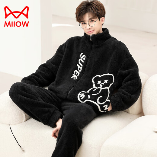 Catman (MiiOW) coral velvet pajamas for men autumn and winter style plus velvet thickened teenagers plus size flannel home clothing set winter XQ velvet 9934 M [small]] Recommended height about 155CM, body