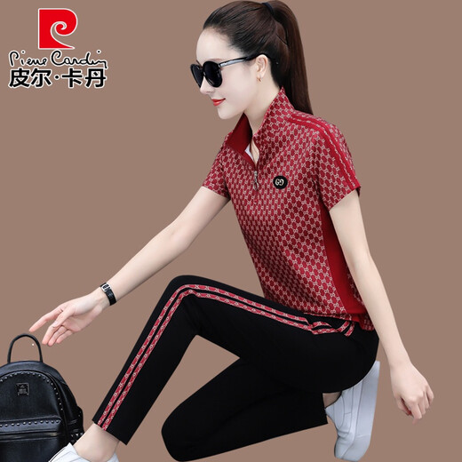 Pier Cardin ice silk sports sweatshirt suit for women in summer thin 2022 new fashion loose stand collar short sleeve trousers casual two 6625 apricot color two M (suitable for 80-92 Jin [Jin equals 0.5 kg]//+)