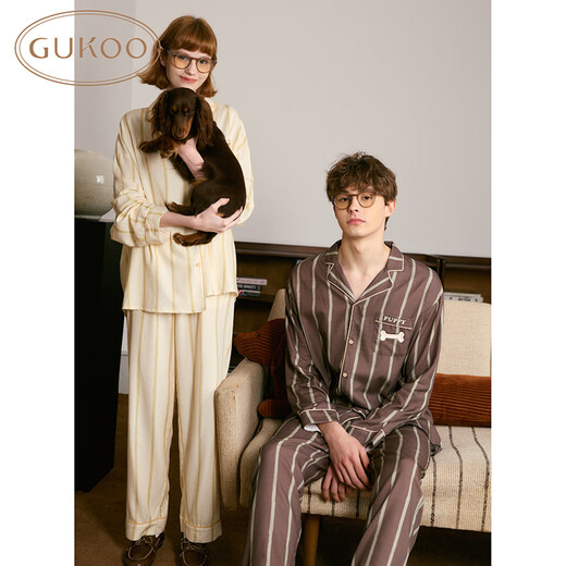 Gukoo Couple Pajamas Women's Autumn New Style Boom Puppy Maillard Striped Lapel Pajamas Men's Home Clothes for Boyfriend A Couple Striped Suit M for Boys