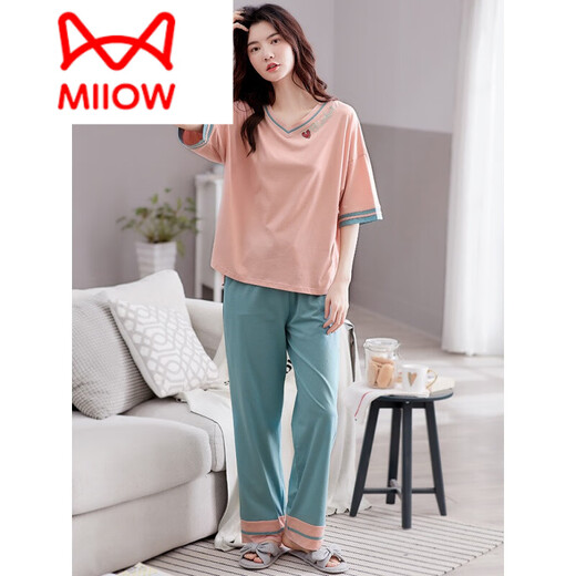 猫人（MiiOW）睡衣女夏纯棉薄款家居服两件套短袖长裤休闲套头居家服女夏套装棉 LM7374 M码[适合150-160身高80-105体重]