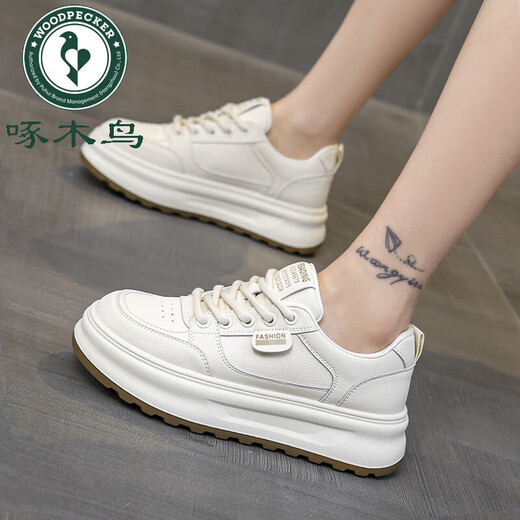 Woodpecker genuine leather round-toe white shoes for women 2025 autumn new thick-soled casual sneakers for students with skirts and sneakers off-white main picture 36