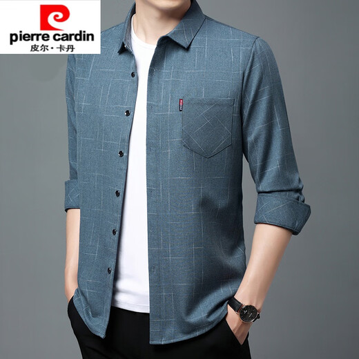 Pier Cardin High-End Pure Cotton Long-Ärmeln Hemd für Männer Frühling und Herbststil echtes Taschenmeister im mittleren Alter losen Lose Hemd für Männer für Männer, dünne 6626 Blau 175/XL Empfehlung 135-145jin [Jin gleich 0,5 kg]