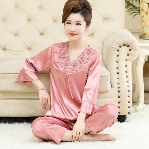 莫代尔冰丝睡衣女中老年夏季薄款短袖长裤妈妈睡衣纯色舒适轻奢家居服 H683豆沙女 2XL【120-135斤】