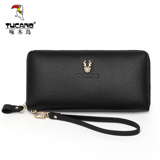 Woodpecker Women's Wallet First Layer Cowhide Long Versatile Clutch Women's Large Capacity Multi-Card Slot Wallet Clutch Bag Coin Purse Black