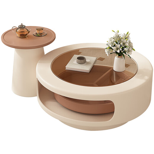 Bamboo holder round glass coffee table living room home 2025 new small apartment cream style designer creative rotating coffee table table rotating coffee table side table combination