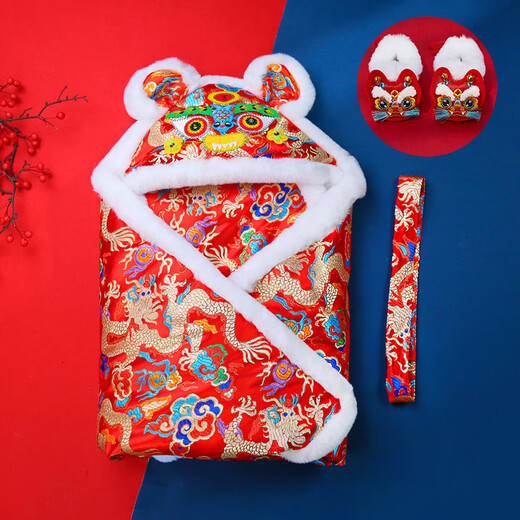 Traditional tiger head baby quilt gift box, spring and autumn newborn baby quilt, red dragon and phoenix wrap, full moon gift, colorful dragon, quilted winter style + tiger head shoes, one size fits all (90cm*90cm)