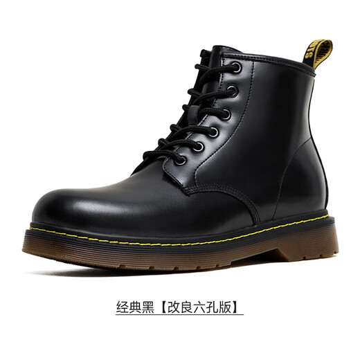 Mr.A中帮马丁靴男款英伦风高帮皮鞋冬季加绒雪地棉鞋工装黑色皮靴MRA 经典黑 单层 【改良六孔版】 42