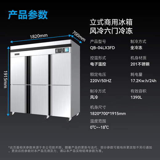 艺菱 冰箱商用风冷无霜四门保鲜六开门立式冷冻冷藏双温冰柜 大容量四开二门酒店食堂蛋糕店专用冰箱 【高配款六门冷冻】风冷1390L
