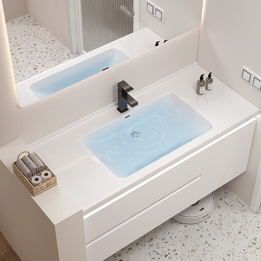 Renjuyi customized smart bathroom cabinet ceramic integrated basin 65/75CM85/95cm 105/115cm washbasin 105CM smart storage mirror cabinet default white wood grain