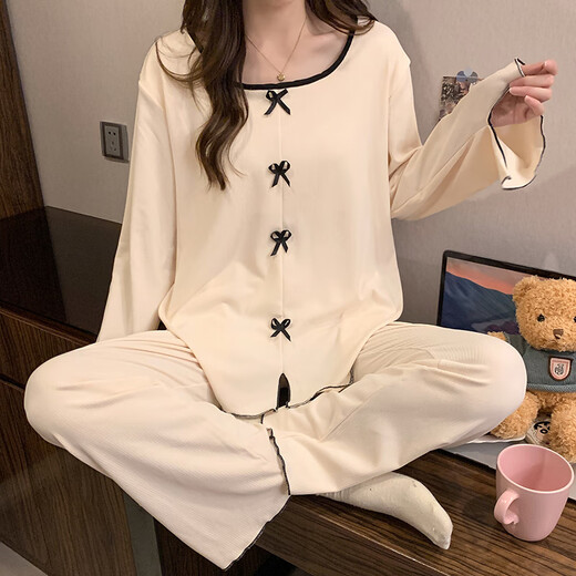 香雅馨带胸垫睡衣女款春秋季新款公主风甜美长袖冬天薄绒保暖家居服套装 1105米白色 XXL码130-145斤