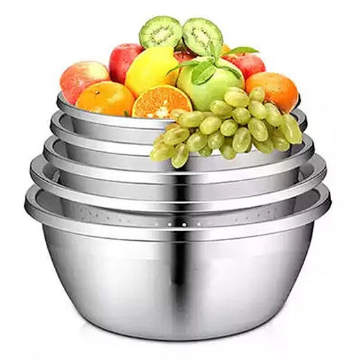 Shenggongman five-piece stainless steel basin thickened vegetable basin leaky basin vegetable basin round basin five-piece set (4 solid basins + 1 leaky basin) 22, 24, 26, 28, 30cm