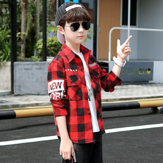 Xinyu Children's Clothing Boys' Shirts Long Sleeves 2020 Spring and Autumn New Children's Shirts Casual Bottoming Shirts Medium and Large Children's Plaid Shirts Korean Fashion Little Boys Cotton Tops Autumn Clothes Red 160 Recommended Height 145-155cm