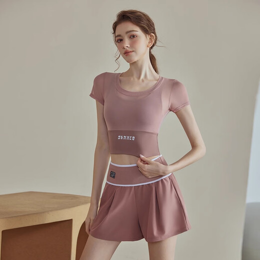 Youyou yoga clothing women's suit 2025 new summer sports fitness short-sleeved tops Pilates training running 33407 pink short-sleeved fixed cup chest pad XL (recommended 130-145Jin Jin equals 0.5kg)