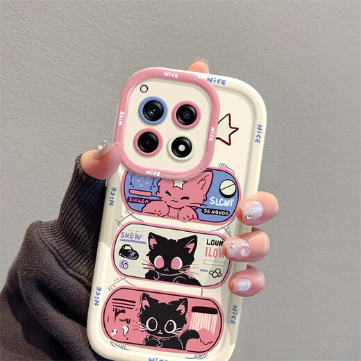 妙之选适用于一加12手机壳Ace卡通ins风星眼猫潮牌一加AcePro硅胶OnePlusAce3V手机壳一加Ace3全包防摔一 圆墩壳-白色-BS3893黑色猫咪+a1948玫红 一加 Ace 2