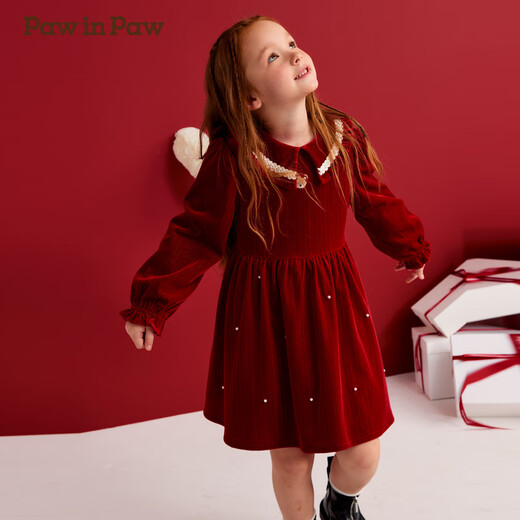 PawinPaw Velvet Cartoon Bear Children's Clothing Autumn and Winter New Girls Red New Year Silver Dress Red Red/20 130 cm