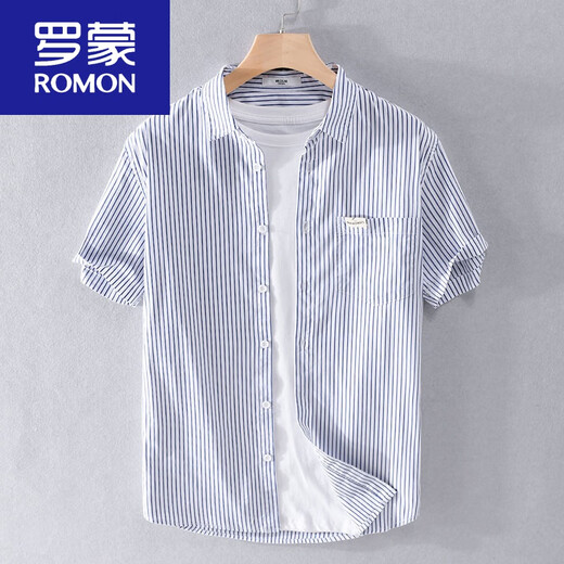 罗蒙（ROMON）男士条纹短袖衬衫日系宽松薄款上衣夏季休闲衣服潮流百搭衬衣 9738款 浅蓝条纹 2XL 140斤左右
