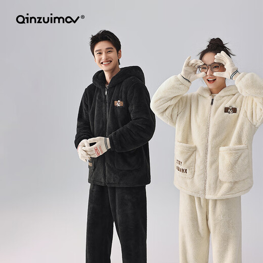 Kissing Cat Soft Velvet Hooded Couple Pajamas Women's Autumn and Winter Men's Suits Home Clothes Thickened and Can be Weared Outside 4749 Milkshake White Women's L