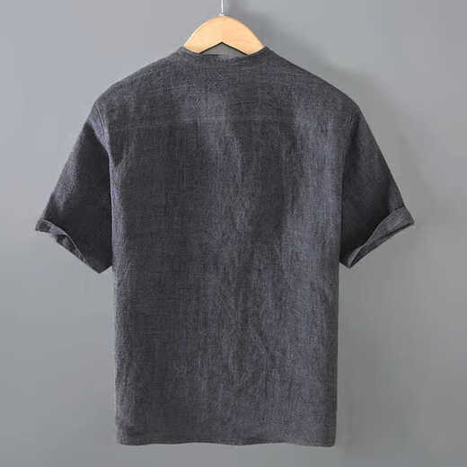 Jingkongtan retro cotton and linen short-sleeved T-shirt men's thin loose summer new men's cotton and linen stand collar half-sleeved top casual trend gray black 2XL