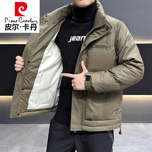 皮尔卡丹反季节热卖冬季羽绒服男无帽立领加厚保暖外套中青年短款休闲男装 黑色WPL9853立领皮纹羽绒服 XL 120-140