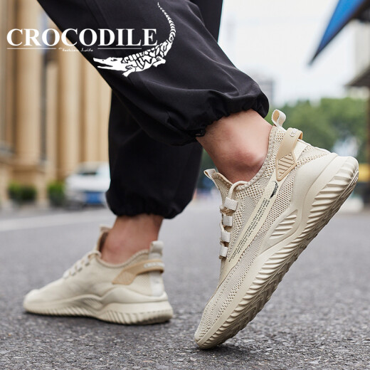 Crocodile shirt CROCODILE casual shoes men's comfortable and breathable flying mesh lightweight white shoes Korean style fashion trend men's shoes EYXONONS 10 beige 41