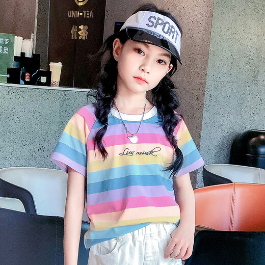 憨憨象女童短袖t恤2025夏季新款纯棉潮T儿童韩版宽松条纹上衣中大童夏装 9922白色 160