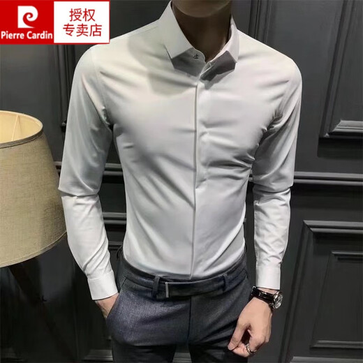 皮尔卡丹（pierre cardin）春夏男士衬衫长袖韩版商务暗扣衬衣潮高端修身高级正装免烫中青年 白色 XL