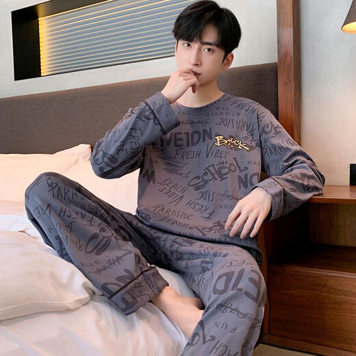 Three Guns Pajamas for Men Spring and Autumn Pure Cotton Long Sleeves and Trousers Fashionable Cotton Autumn Men's Casual Cartoon Home Clothes Set 9903 L Male (Recommended 120-140 Jin Jin equals 0.5 kg)
