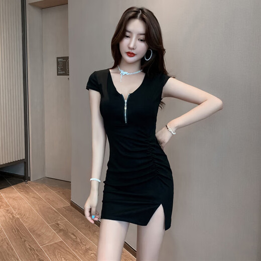 京芽夜场性感女装显瘦夜店性感连衣裙洗浴按摩短裙连衣裙技师工作服黑 L