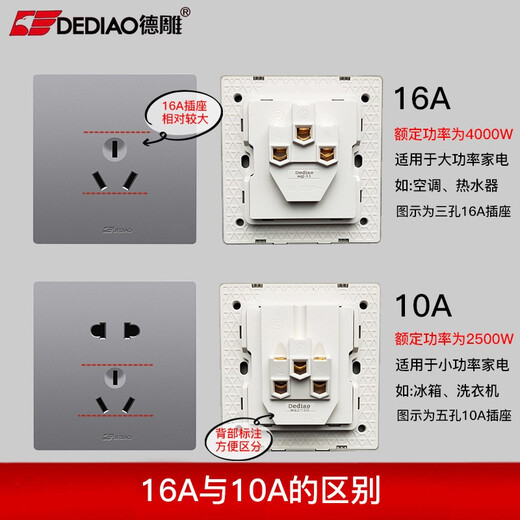 德雕（Dediao） 开关插座面板D12星空灰墙壁电源5孔暗装带开关空调3孔插套餐 一开五孔单（开关控制插座）