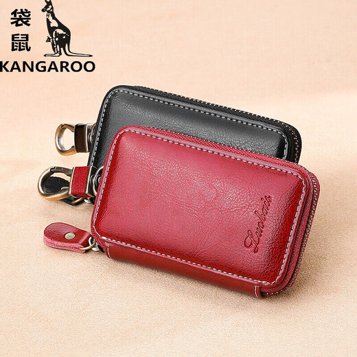 Kangaroo (KANGAROO) large capacity zipper key bag for men's waist-hung real cowhide women's general vehicle multi-function household key bag small wine red