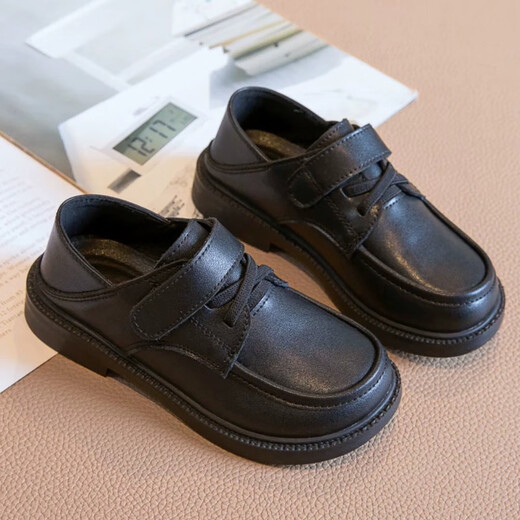 Lurang Song Children's Leather Shoes for Boys and Girls Performance Shoes British Style Velcro Loafers Spring and Summer Children's Shoes Black Velvet Size 31 Inner Length 19.3cm