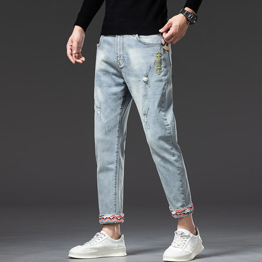 Canelin Kiskha Spring New Embroidered Printed Nine-Credit Jeans Men's Korean Style Stretch Slim Feet Ripped Trendy Brand Retro Everbright 869 Light Blue Nine-Credit Size 30 Size
