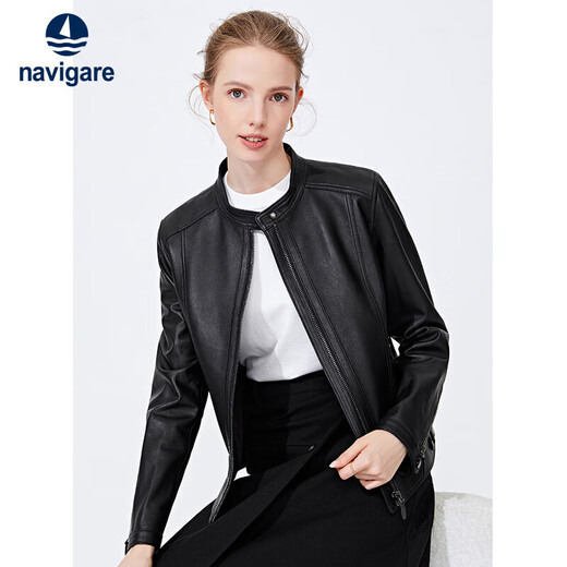 Navigare 意大利小帆船女士真皮皮衣秋冬款小立领羊皮机车服X2236700091 黑色 M 