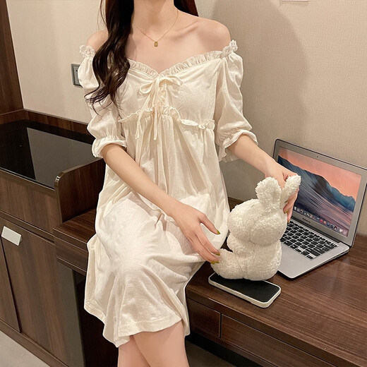 
Xiangyaxin nightgown for women in summer with chest pad new short-sleeved pajamas sweet princess style loose and can be worn outside in mid-length home clothes 3888 meters white M