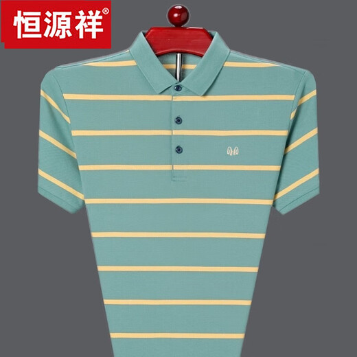 恒源祥中年男士短袖t恤男翻领夏季纯棉冰丝条纹polo 衫半袖男上衣 HH826蓝色 170建议120-140斤