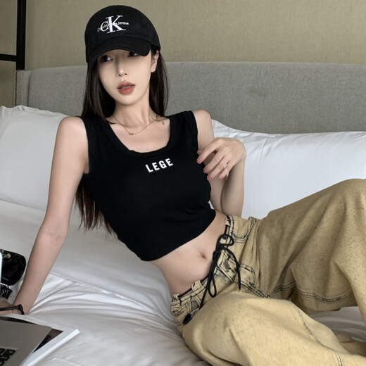 辛皇辣妹字母刺绣露背吊带背心女带胸垫内搭显瘦外穿一体式运动美背棉 两件装【白色+黑色】 均码（85-120斤）