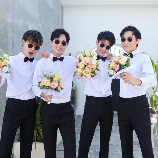 Xinhan bester Mannanzug westlicher Style Brother Anzug Weste weißes Hemd dreiteilige Hochzeitsgruppe Kleidung Großgröße Brudergruppe Hochzeits Hochzeit Kurzhemd Hemd + schwarze Hosen + Schwarze Fliege 3xl regulärer Stil