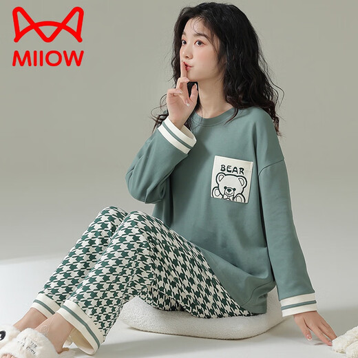 猫人（MiiOW）卡通睡衣女带胸垫bra春秋季纯棉长袖可爱小熊少女ins风家居服套装 HMG-15125 M -无胸垫款【推荐75-95斤】