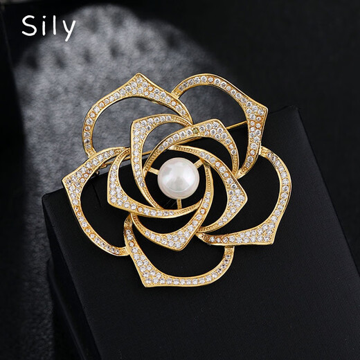 Sili Elegant Camellia Pearl Brooch Retro Light Luxury European and American Temperament Corsage Pin Women's Exquisite Coat Accessories Atmospheric Rotating Camellia
