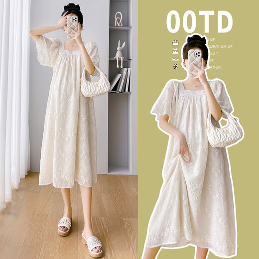 Geman maternity dress summer loose large-size top covering belly summer skirt puff sleeve maternity dress summer skirt off white skirt (recommended 120-140 Jin [Jin equals 0.5 kg])
